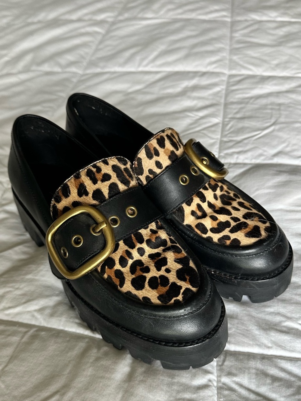 Coach Black Grand Leather Lug Sole Loafer with Leopard Print and Brass Buckle - Picture 5 of 8